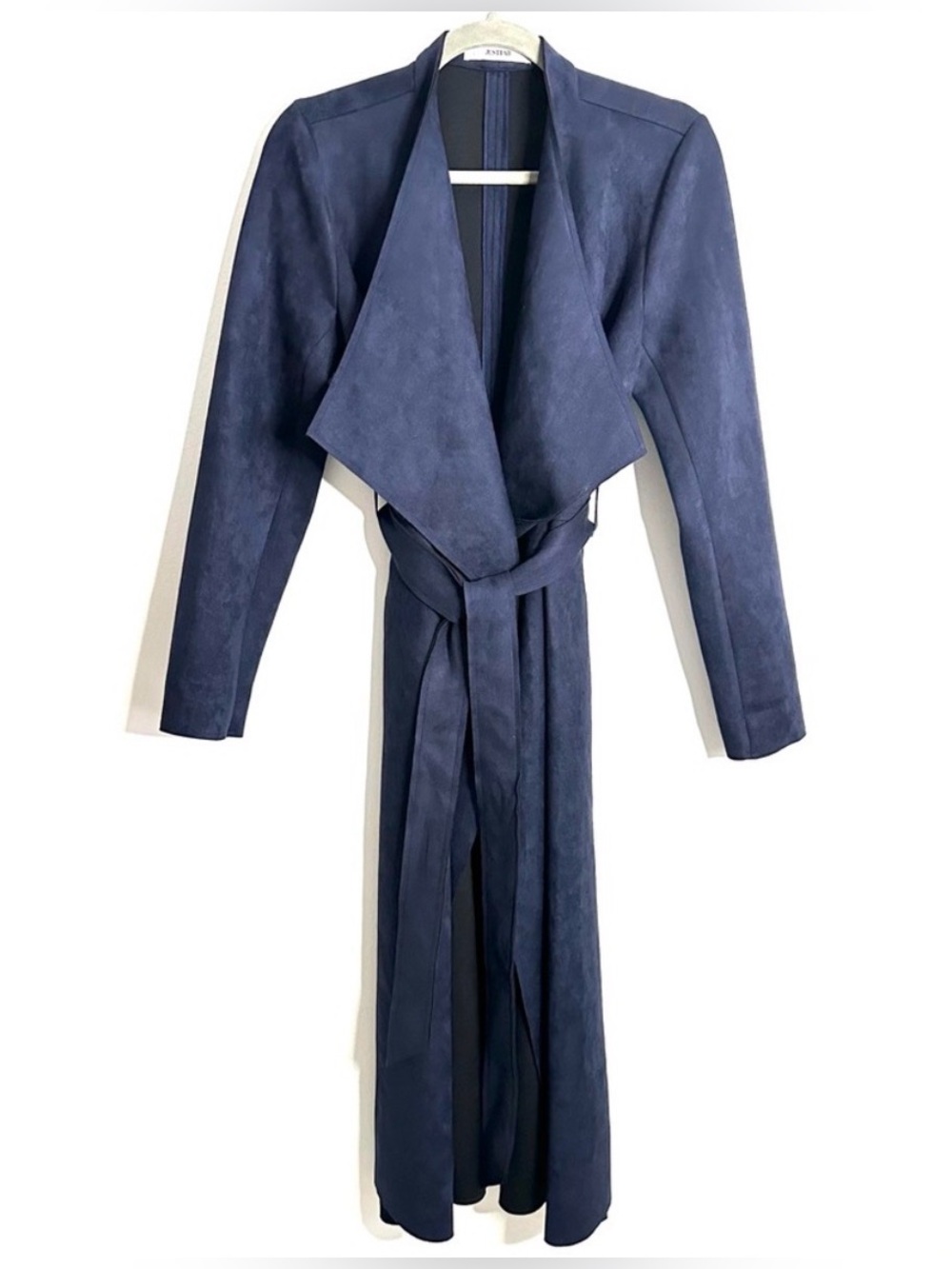 JustFab Navy Blue waterfall Draped Front Long Trench Coat L-XL